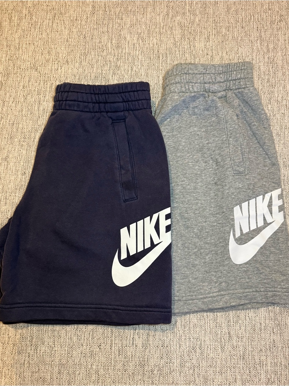 Nike Boys Fleece Shorts Bundle – 2 Pairs Navy Blue & Gray Logo Shorts